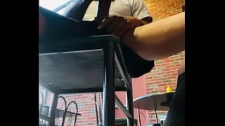 Busty Latina and a guy tease each other and fuck in a restaurant