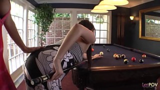 Teaching sexwithmuslim.com the cue stick holding technique ends up with the lesbian milf using her dildo on the brunette