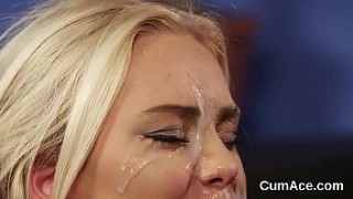 Sexy huge bbw looker gets jizz load on her face sucking all the jism