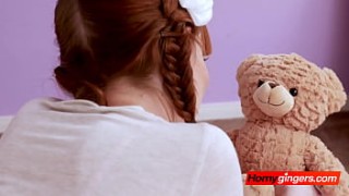 Redhead talks about types of boobs nude her day with teddy bear before being fucked hard