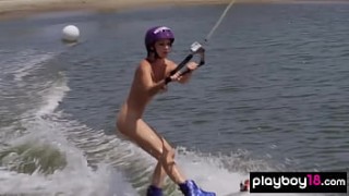 Big boobed badass naked babe Dani Mathers enjoying hentai sin censura wake boarding