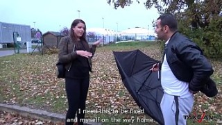 Broken umbrella help stranger to convince disney porn parody babe to fuck in van
