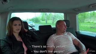 Big titted Alex Chance swallows cum in the van