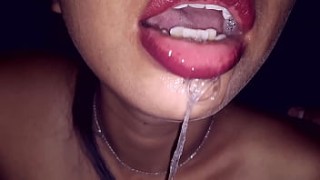 Finishes with her tits but takes the load in her mouth
