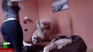 Sucks his cock with a huge teddy on bf sx the bed, and they eat bread sticks. SAN091