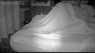 cctv cam of couple on bed with dog
