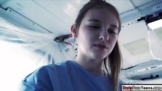 Sexy nurse fucked first anal creampie inside an ambulance