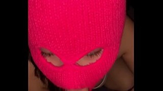 teen marsha may interracial girlfriend giving sloppy blowjob in ski mask